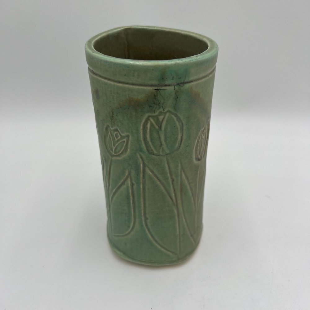 Tulip green studio pottery Asian inspired stamp signed spring vase